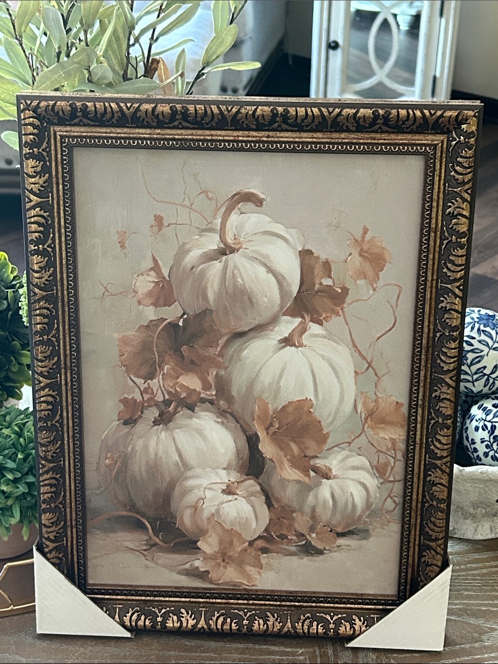NEW! Vintage Inspired Gold Framed Cinderella White Fall Harvest Pumpkin Art